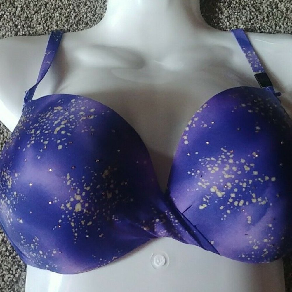 VICTORIA'S SECRET PLUNGE Purple Underwire Bra 34D Gold Rhinestone Straps NEW